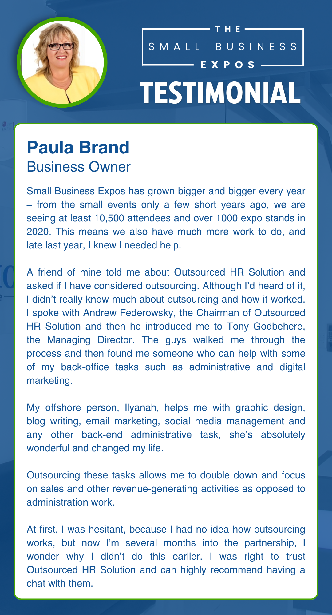 Paula Brand - The Small Business Expos - Client Testimonial