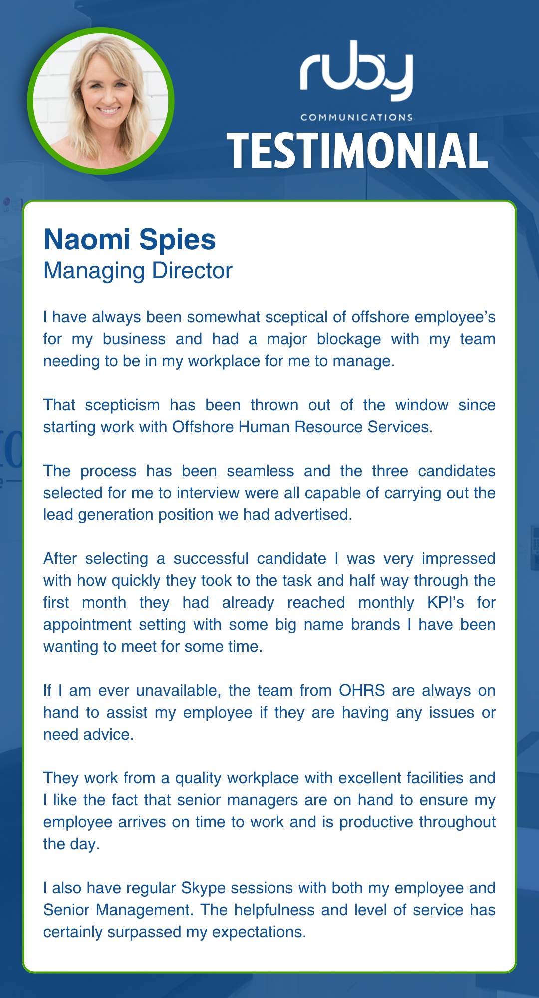 Naomi Spies - Ruby Communication - Client Testimonial